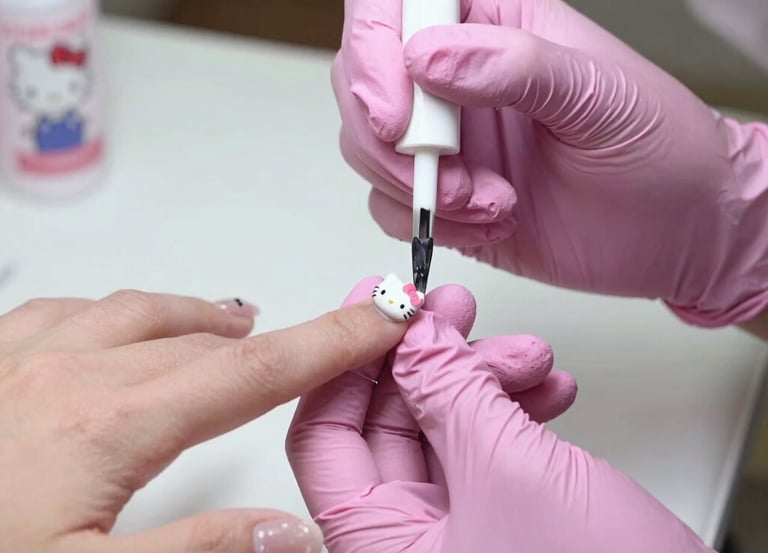 Close-up of hands receiving gel nail application in a goth salon setting.