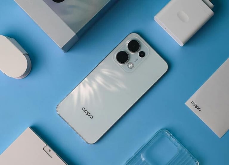 Desempaquetado de un smartphone Oppo blanco con cargador, funda transparente y empaque