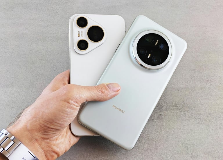 Mano sosteniendo los smartphones Huawei Pura 70 Ultra y Mate 60 Pro en color blanco