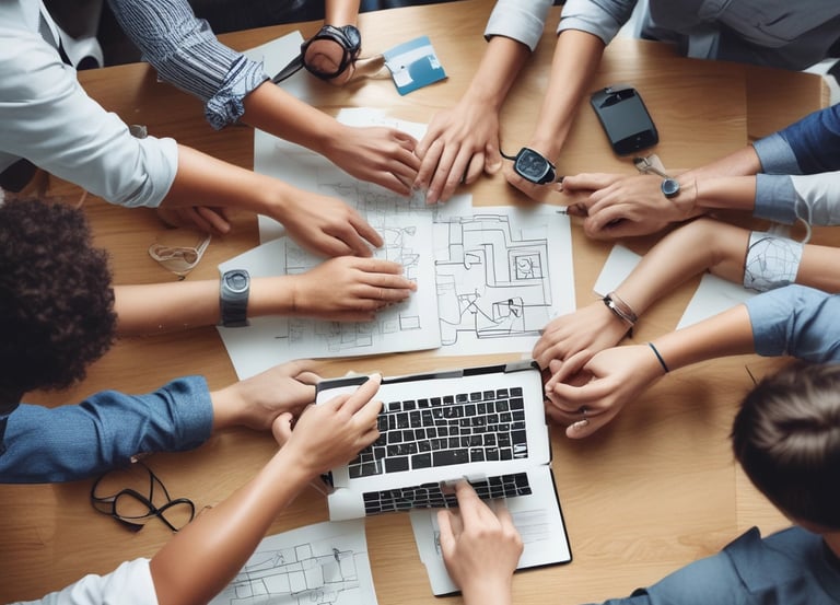 A vibrant workspace showing a team collaborating on digital marketing strategies with laptops and charts.