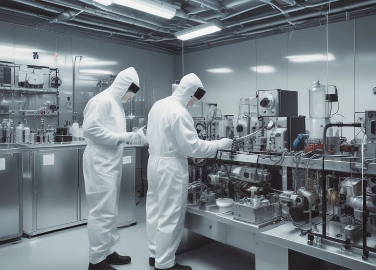 Technician inspecting a refurbished sputtering system in a clean manufacturing facility.