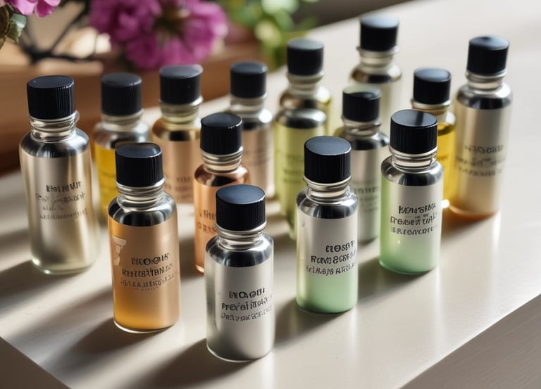 Close-up of elegant glass bottles filled with colorful fragrance oils arranged on a wooden table.