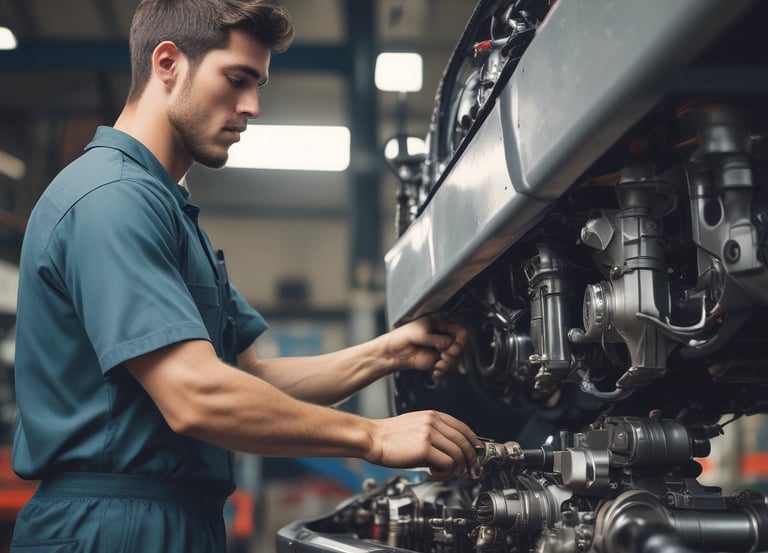 Professional mechanic working on a Toyota car engine in a clean workshop.