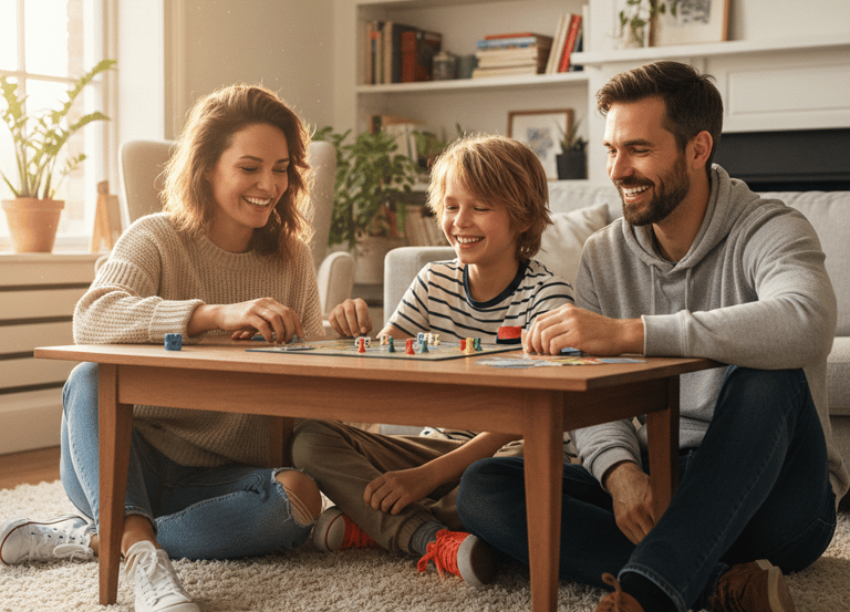 A happy family plays a tabletop board game on a coffee table in a bright living room.
