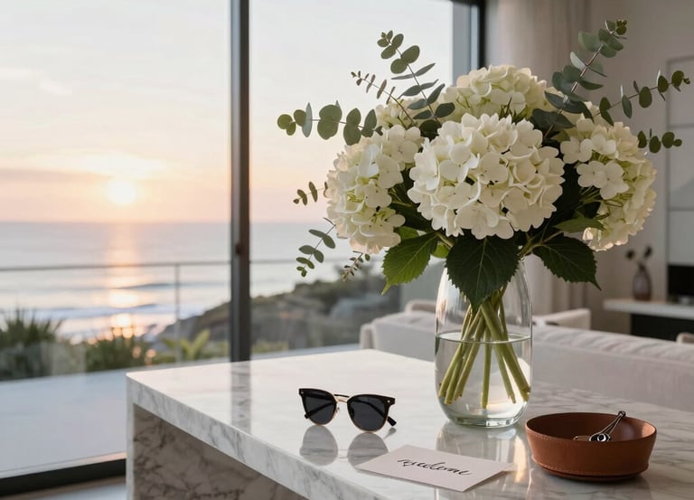 A serene Newport Beach estate at sunset framed by deep navy blue and gold accents.