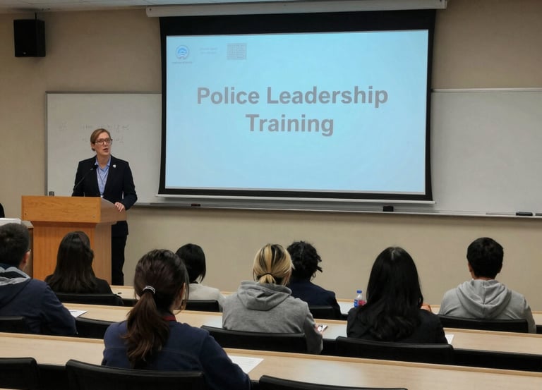 A confident police officer leading a training session with attentive participants.