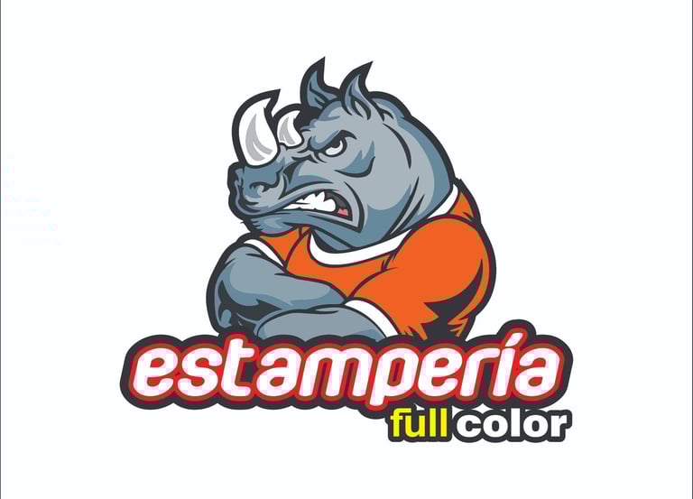 Estampería Full Color logo featuring an angry grey rhino mascot wearing an orange shirt.