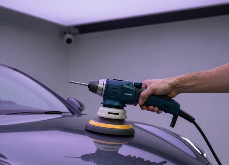 A person using a dual action orbital car polisher on a dark grey luxury vehicle hood for paint correction.