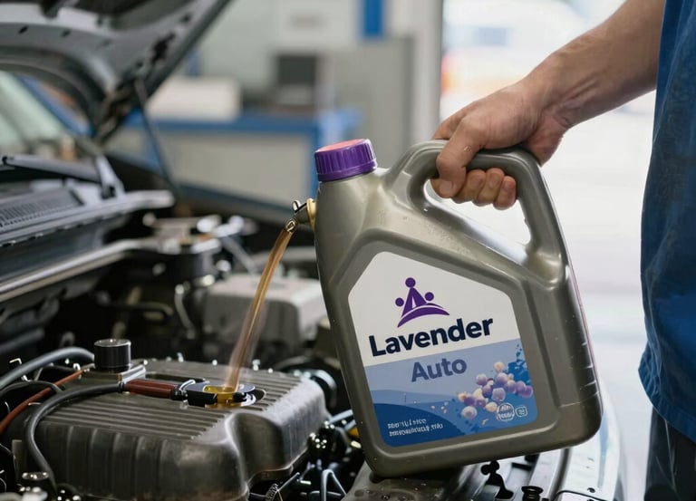 A sleek car silhouette on a black background with a purple oil container labeled 'lavender auto' pouring oil into the engine.