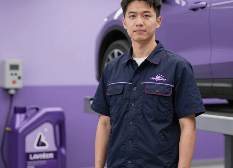 Professional auto mechanic in a navy uniform standing by a purple car on a lift for an oil change.