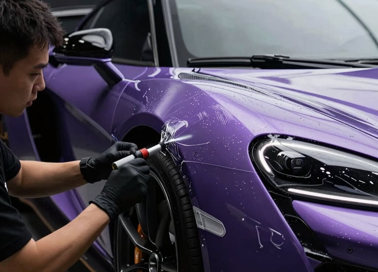 Professional technician applying clear paint protection film to a purple luxury sports car.
