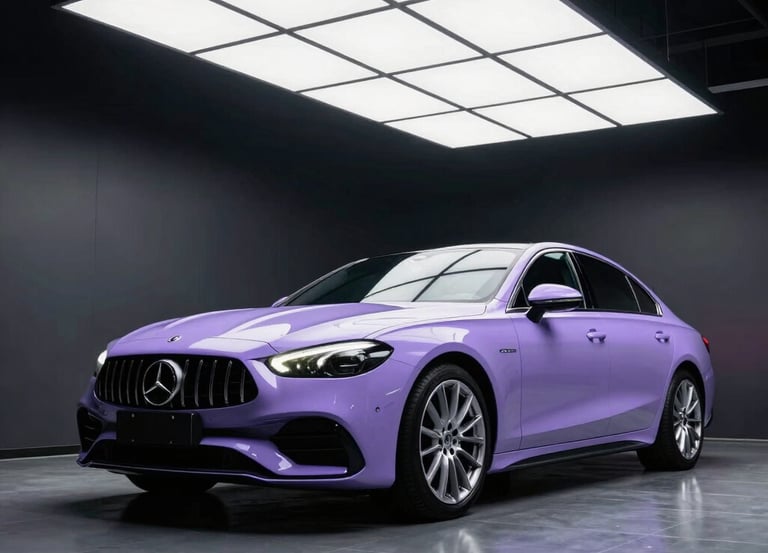 A sleek purple Mercedes-Benz AMG sedan showcased in a modern studio with grid ceiling lights.