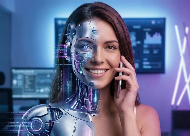 Femme mi-humaine mi-robot au téléphone illustrant l'assistance vocale par intelligence artificielle