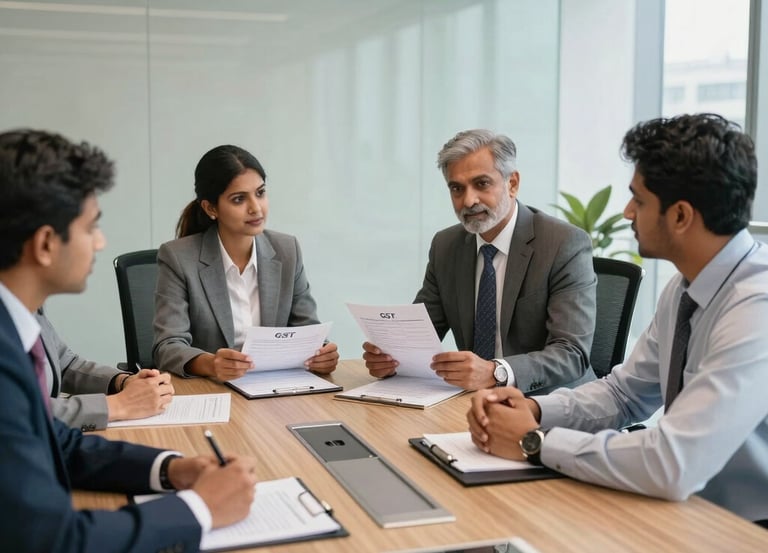 Indian professionals in a modern corporate office discussing business compliance documents.