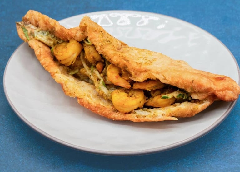 Authentic Trinidadian doubles with curried channa and mango chutney at D Doubles Guy East Orange.