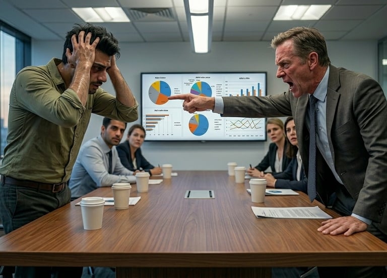 An angry boss shouting at a stressed employee during a corporate business meeting in a boardroom.