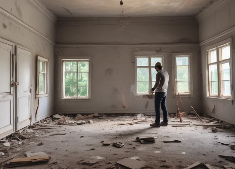 A skilled worker renovating a cozy living room in a traditional Ipoh house.