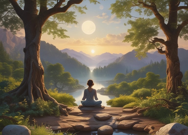 A serene scene of a person meditating outdoors surrounded by gentle natural elements like flowing water and soft sunlight.