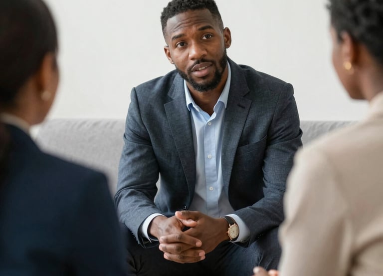 A professional consultant attentively listening to a client in a modern, cozy office.