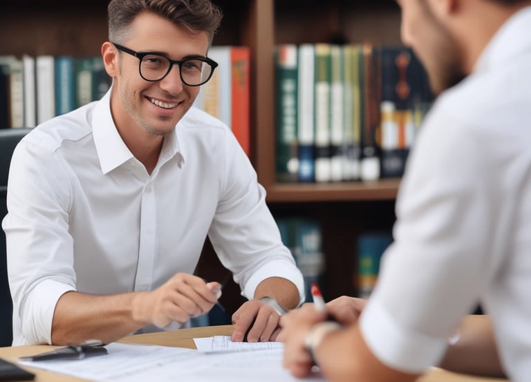A professional consultant attentively listening to a client in a modern, cozy office.