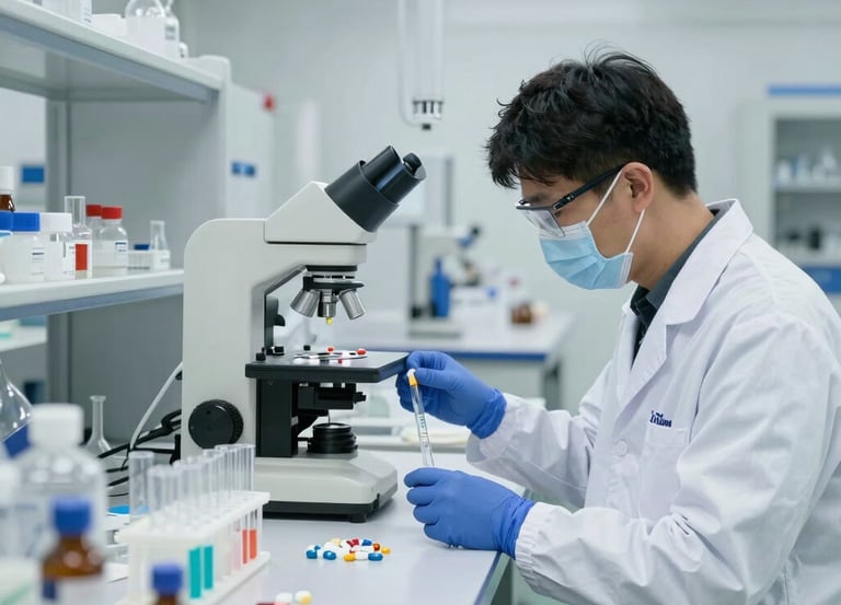 Modern laboratory setting with scientists collaborating on biotechnology research.
