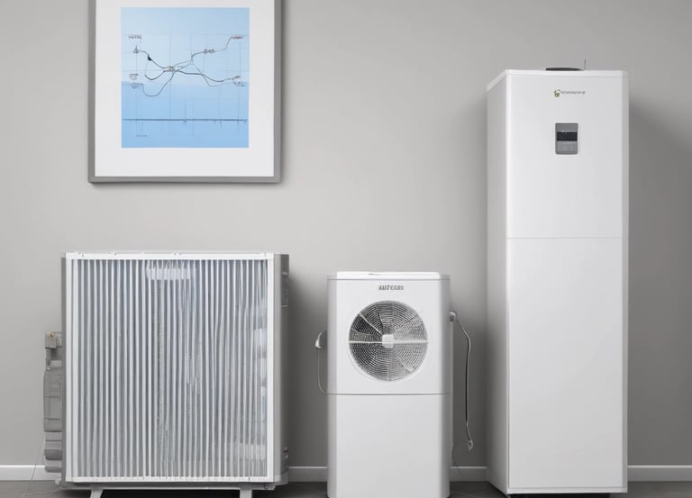 A technician installing a modern heat pump outside a cozy home surrounded by greenery.