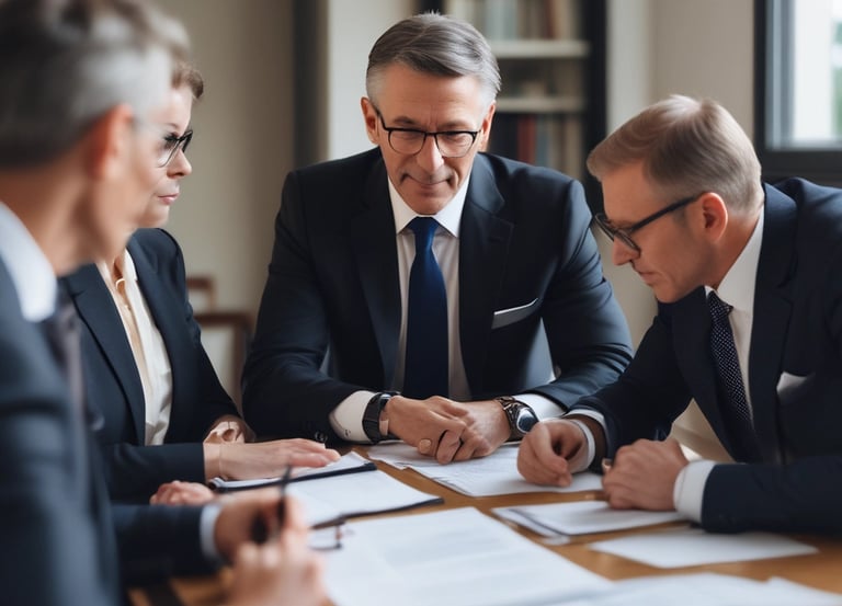 A professional team discussing investment strategies around a conference table in a sleek Miami office.
