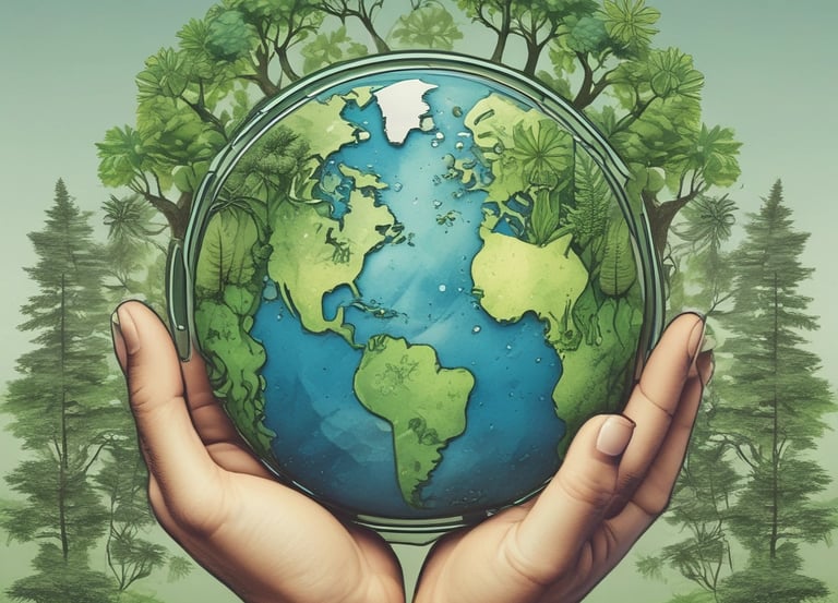 Elegant biodegradable products arranged on a natural wooden surface with soft emerald green accents.