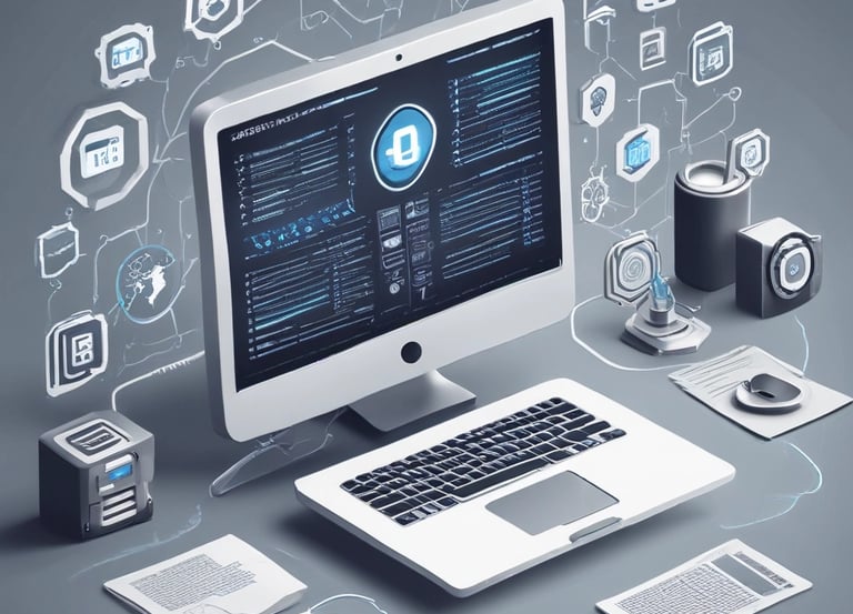 A sleek futuristic workspace showing multiple devices displaying code and app interfaces.