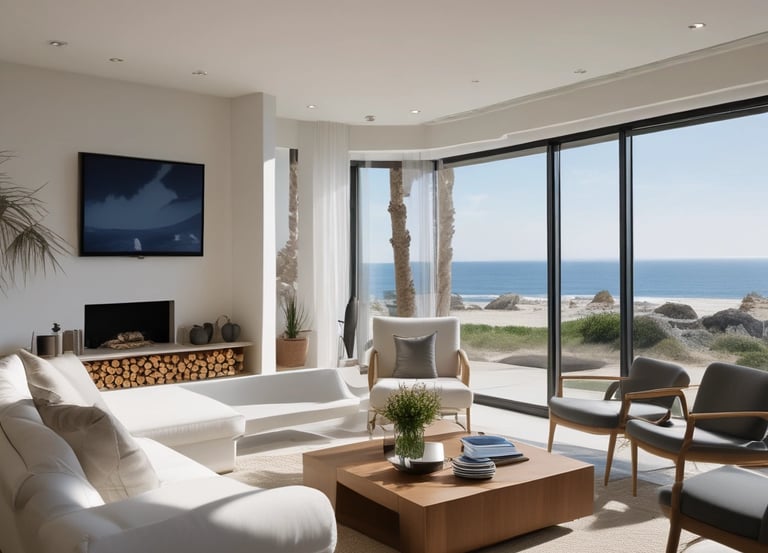 Modern apartment building along the sunny Costa del Sol coastline with clear blue sky.