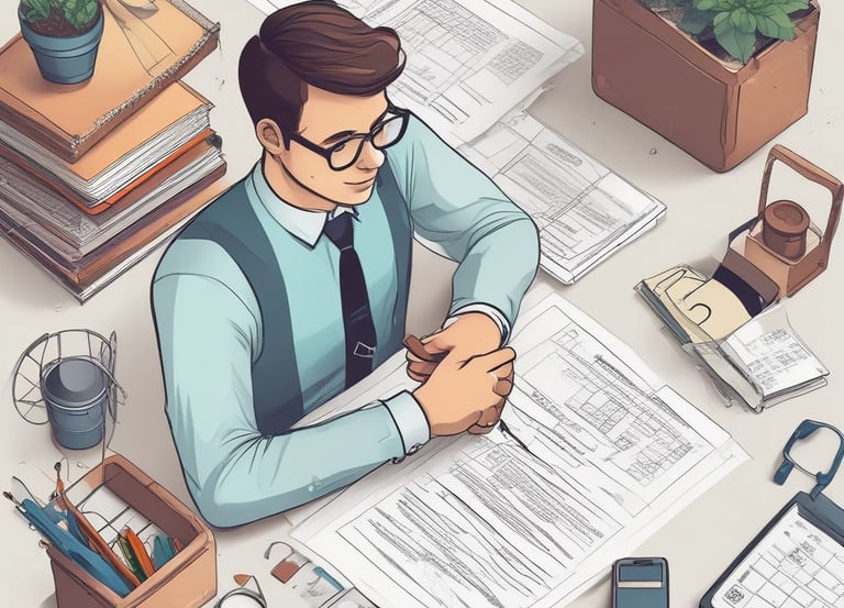 Modern minimalist office workspace with blue tones and business documents.