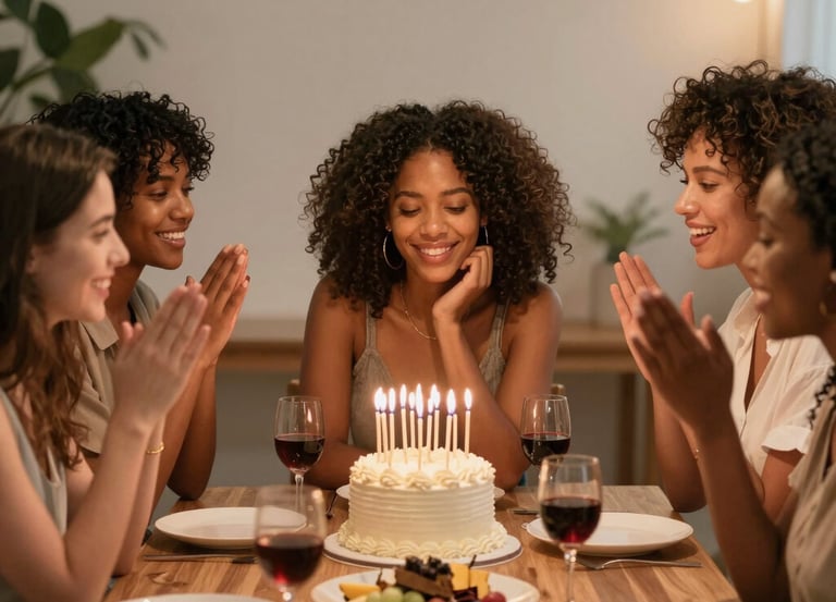 A warm, inviting illustration of women happily gathering around a table for a celebration.