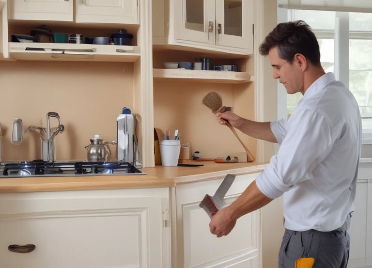 Close-up of a craftsman refinishing elegant kitchen cabinets with a rich gold finish.