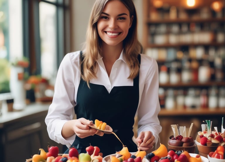 A vibrant mobile bar setup with assorted appetizers and a chocolate fountain surrounded by fresh seasonal fruits.