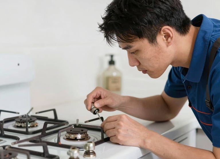 Technician repairing a modern kitchen chimney with tools in a bright kitchen.