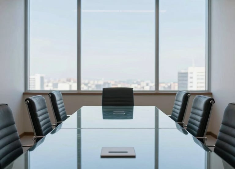 A bright, clean photography of a professional meeting room in a Brazilian business hub, a polished glass table reflecting the blue sky, minimalist and secure atmosphere.