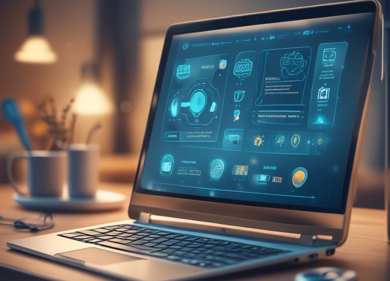 A sleek modern workspace with a laptop displaying chatbot analytics and e-commerce dashboards.