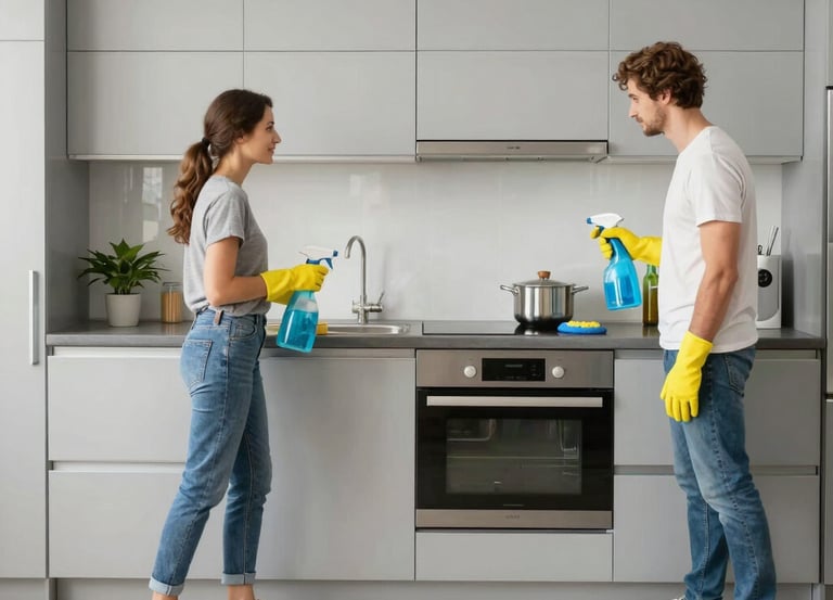A couple wearing yellow gloves using spray bottles to clean a modern grey kitchen.