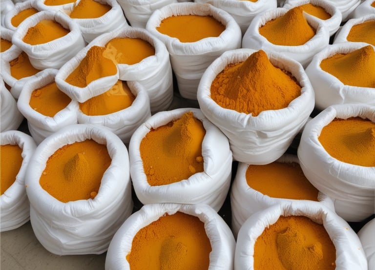 Close-up of vibrant turmeric, red chili, and coriander spices arranged in rustic bowls.
