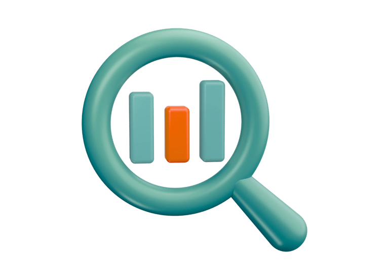 3D illustration of a magnifying glass analyzing a bar chart, representing an SEO deep-dive review.