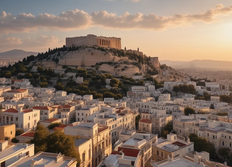 A cozy Athens apartment balcony overlooking the city skyline at sunset.