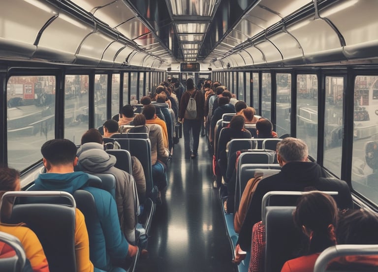 A clean, modern 17-seater AC bus parked at a sunny Delhi boarding point.
