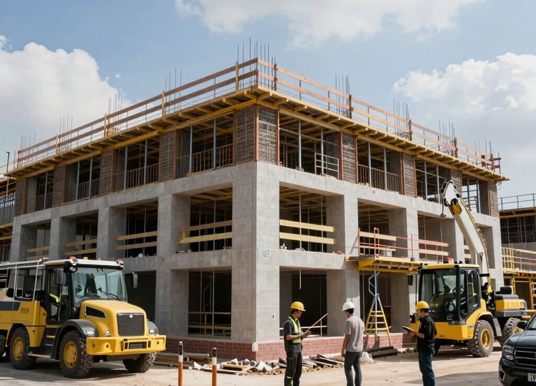 seven construction workers standing on white field