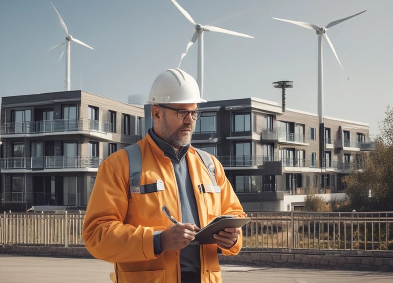 A professional conducting an energy audit in a commercial building with advanced monitoring equipment.