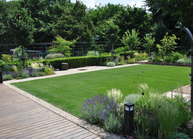 Modern garden design showcasing full hard‑landscaping features including paths, patios, and structur
