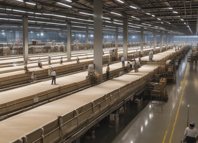 A vast rice milling facility with workers operating modern machinery under bright lighting.