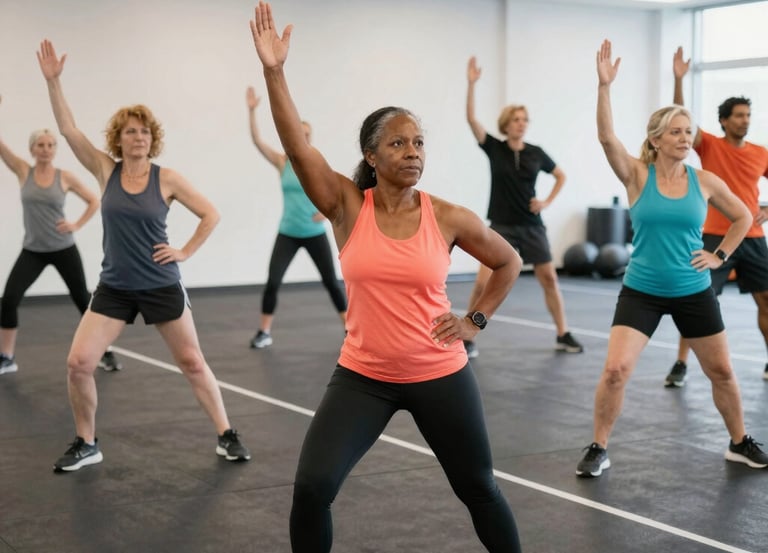 A middle-aged woman practicing tai-chi in a sunlit living room during an online class.