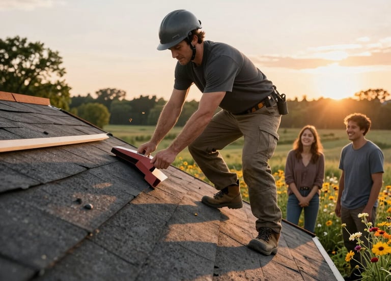 A skilled roofer installing a sleek black roof under a bright blue sky.