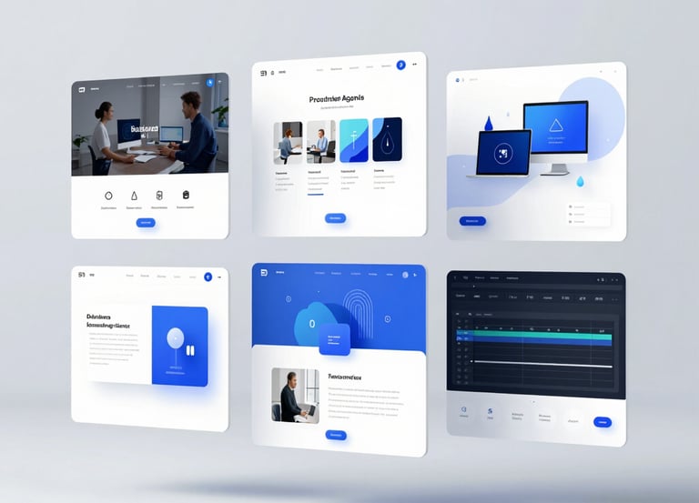 A sleek, modern workspace with multiple screens showing website and app designs in progress.