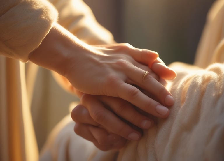 A warm gathering of diverse people praying together in a sunlit room.